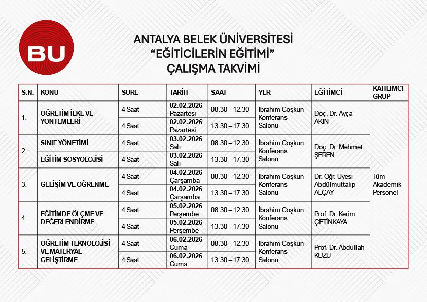 Eğiticilerin Eğitimi Çalışma Takvimi
